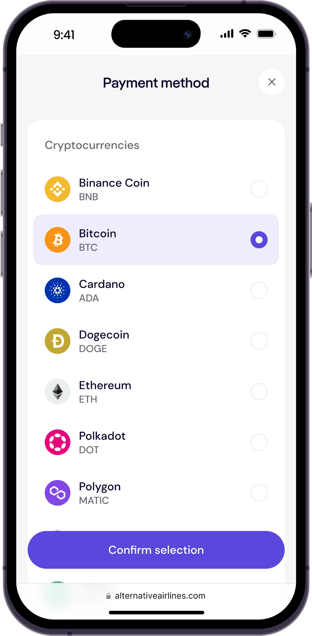 Step 3 - Select Bitcoin from list of cryptocurrencies