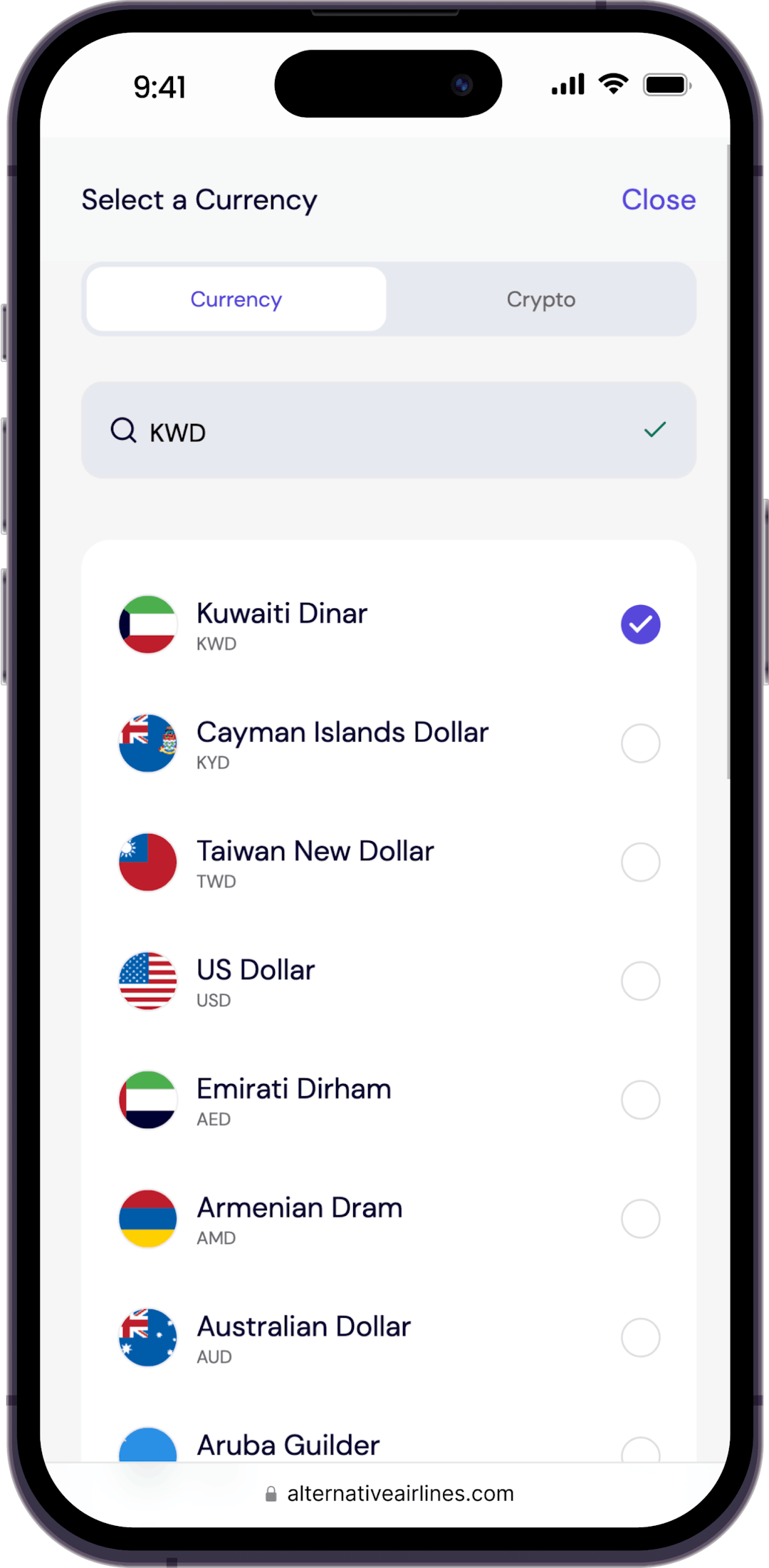 Step 3 - type 'KWD' to search for flights in Kuwaiti Dinar