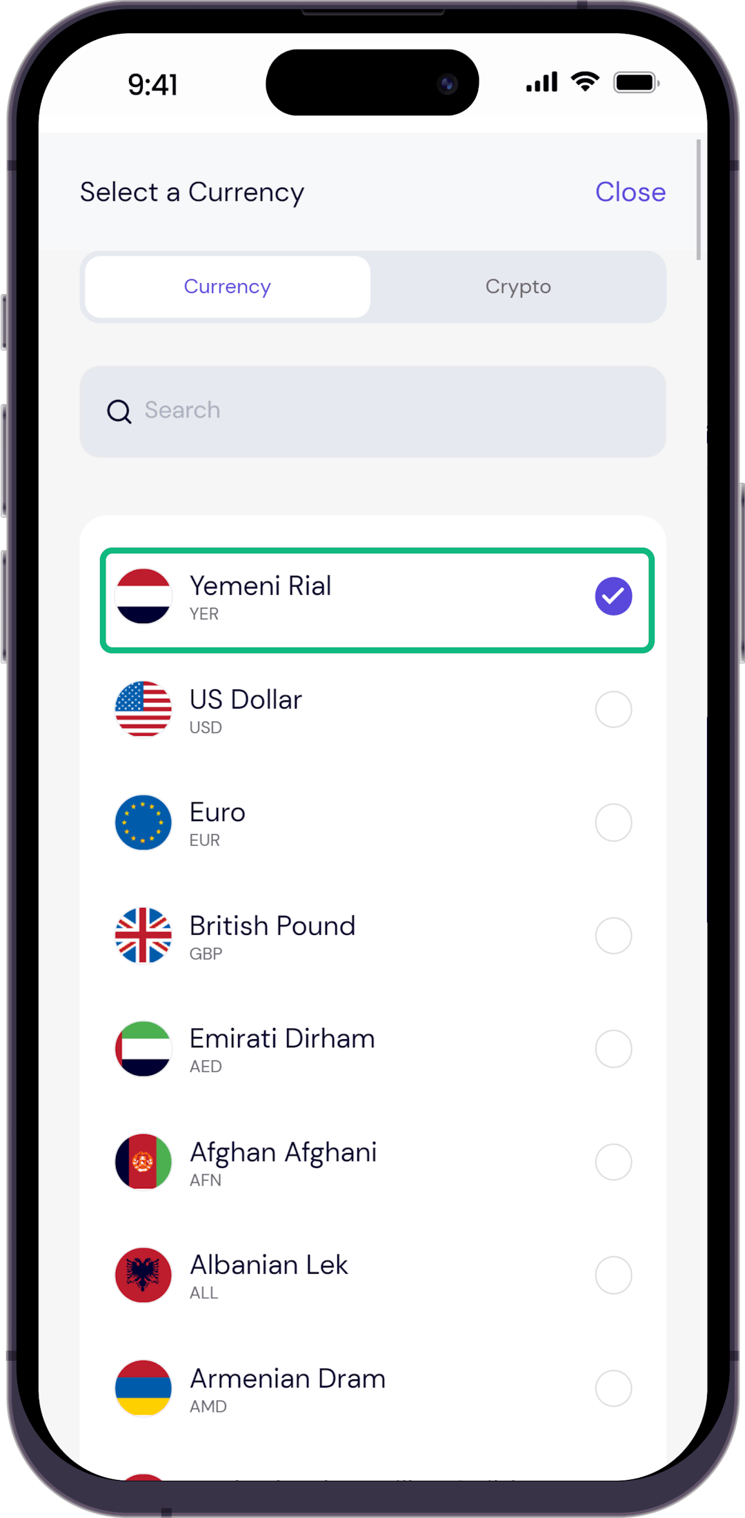 Step 3 - Search for Yemeni Rial in currency converter