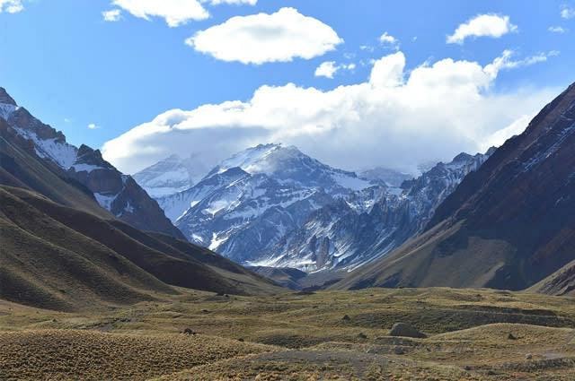 The Aconcagua mountain range with snow-capped mountains in the distance 