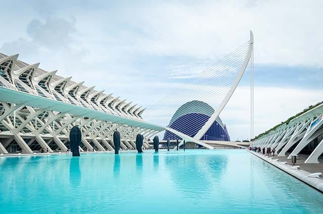 The futuristic and science fictional style of architecture of Seville, sat behind the blue water fountains.