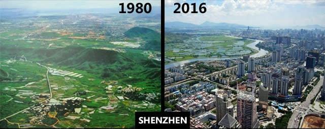 Green rice fields and farmland of 1980 Shenzhen compared to the modern city scape of 2016 Shenzhen