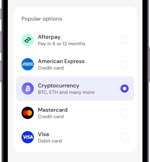 Step 2 - Select cryptocurrency as payment method
