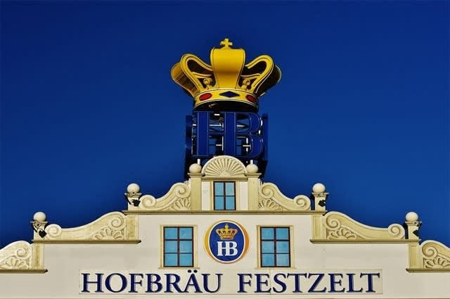 A close up shot of the front of the Horfbrauhaus building 