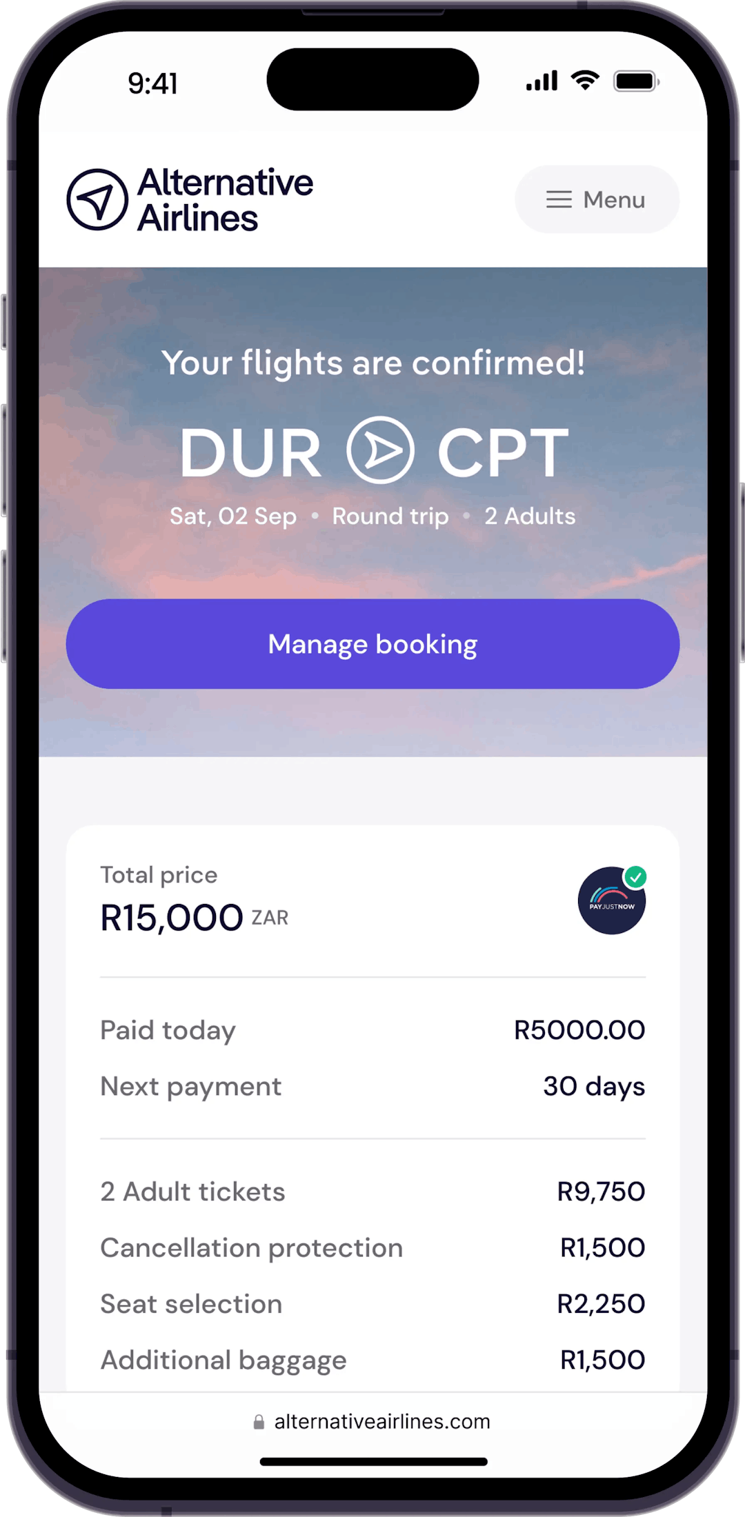 Review booking and payment plan with PayJustNow