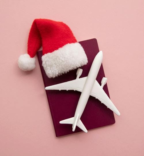 Santa hat with a passport and a model aircraft