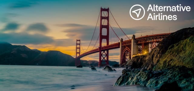 Picture of the Golden Gate Bridge with Alternative Airlines logo