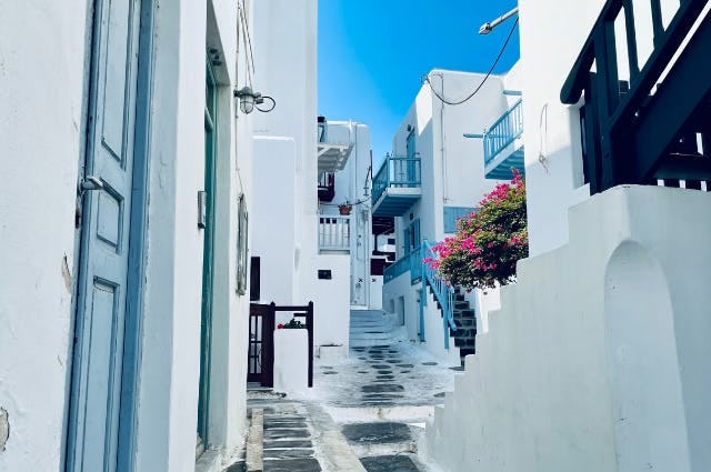 Mykonos. White washed streets. Blue skies. 
