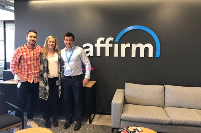 Alternative Airlines' Managing Director, Sam Argyle, meets the company's parterns at Affirm. Photo taken in front of an 'Affirm' sign
