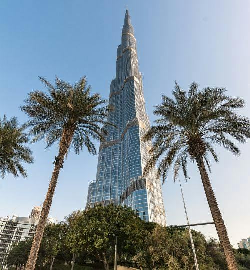 Image of the Burj khalifa in Dubai with palm trees in front