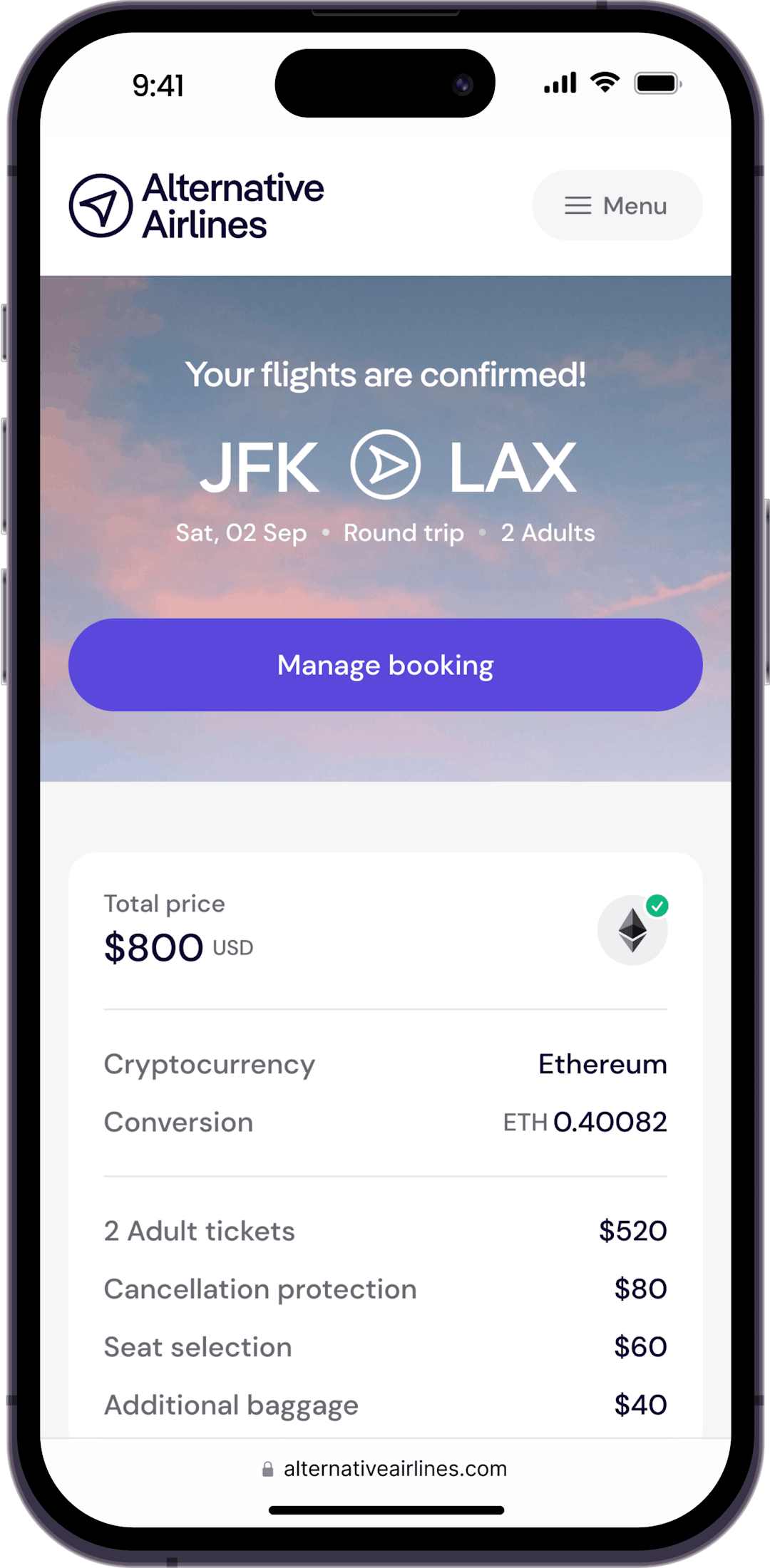 Step 4 - Confirm Booking with chosen Cryptocurrency