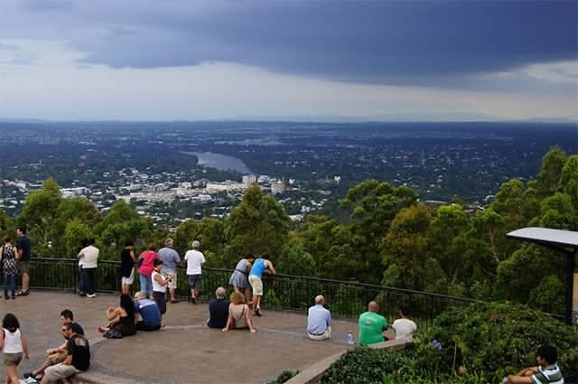 Visitors looking out across a leafy Brisbane 
