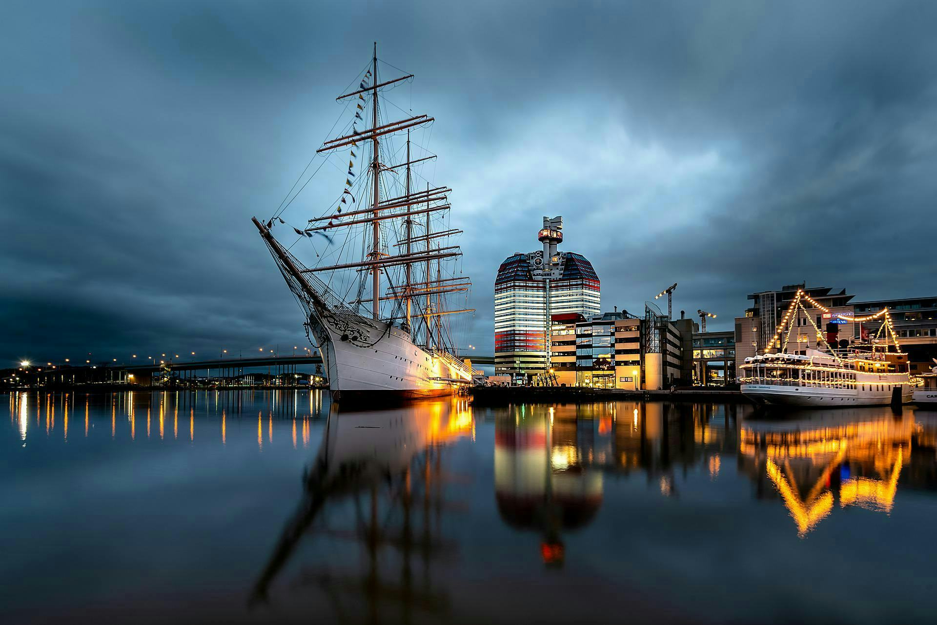 An old ship moored in Gothenburg at night