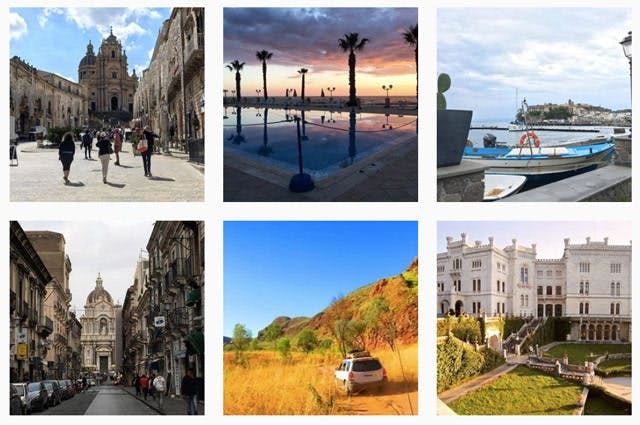 Grip preview of 'Rocky Travel' instagram feed with selfies, landscape and city shots