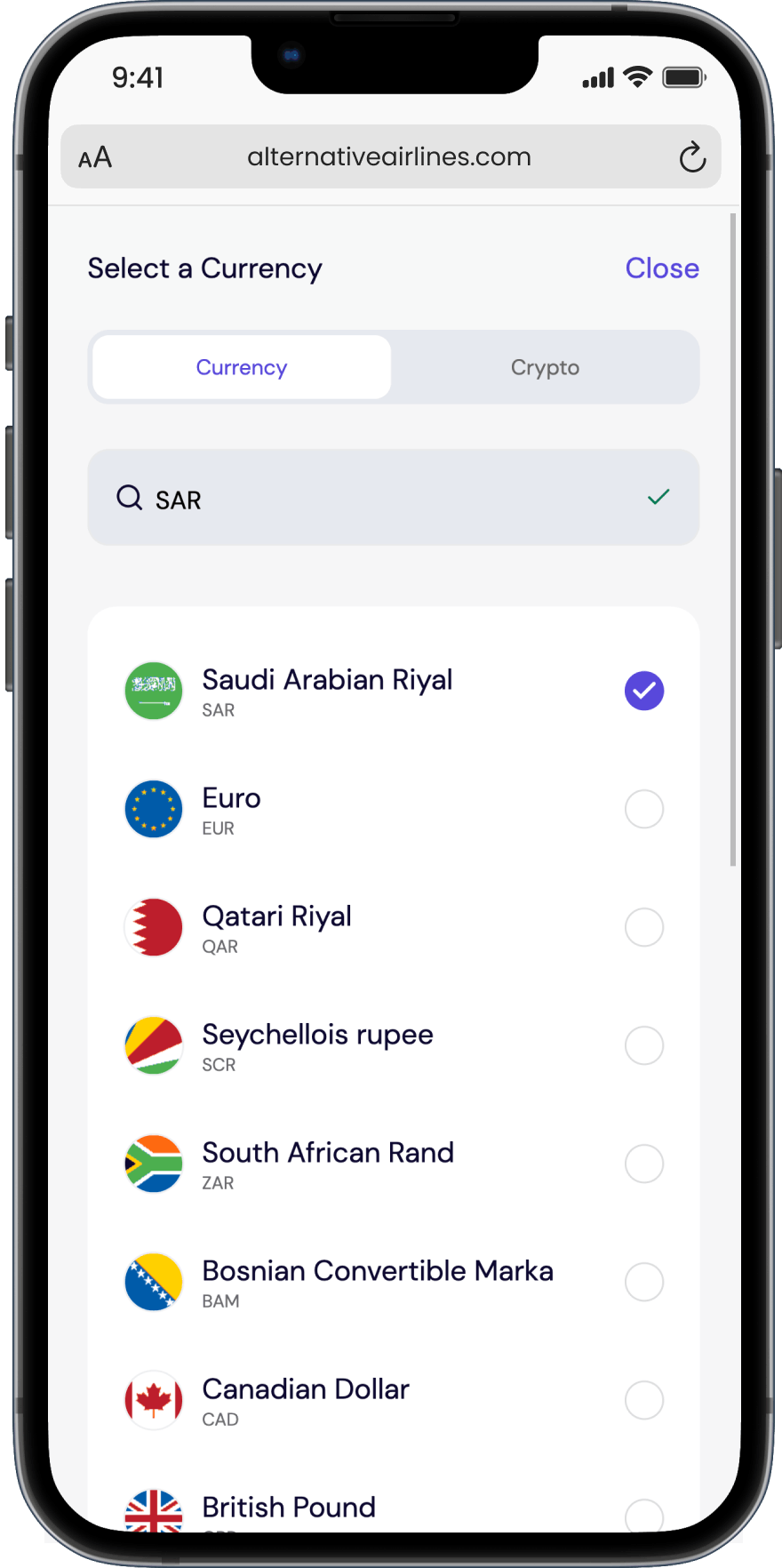 Step 3 - Search for 'SAR' and select Saudi Arabian Riyal