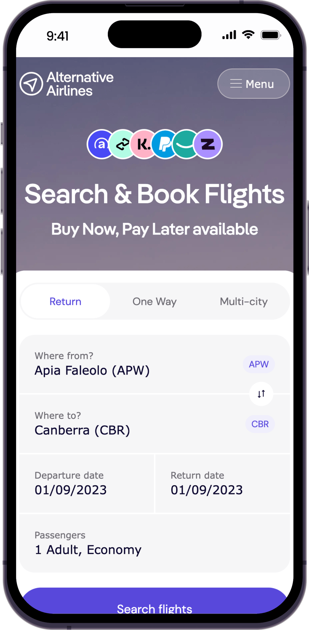 Step 1 - Search for flights on Alternative Airlines