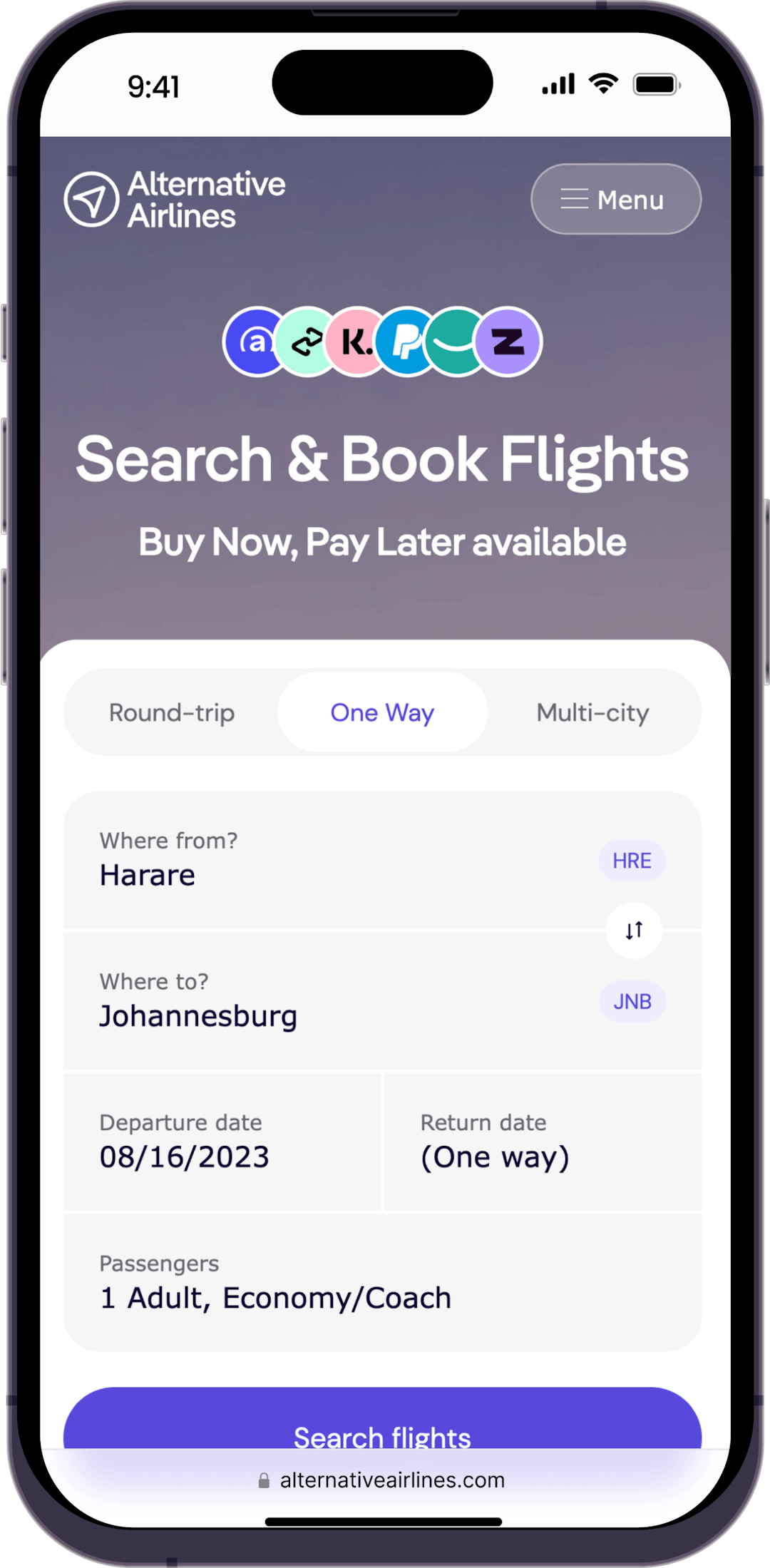Step 1 - Search for flights on Alternative Airlines