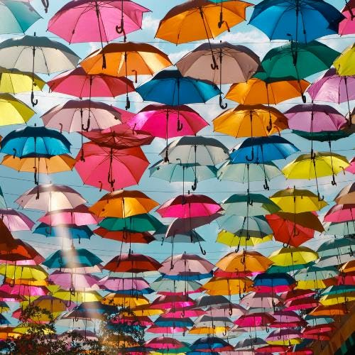 Stack of umbrellas as street decoration in Mexico
