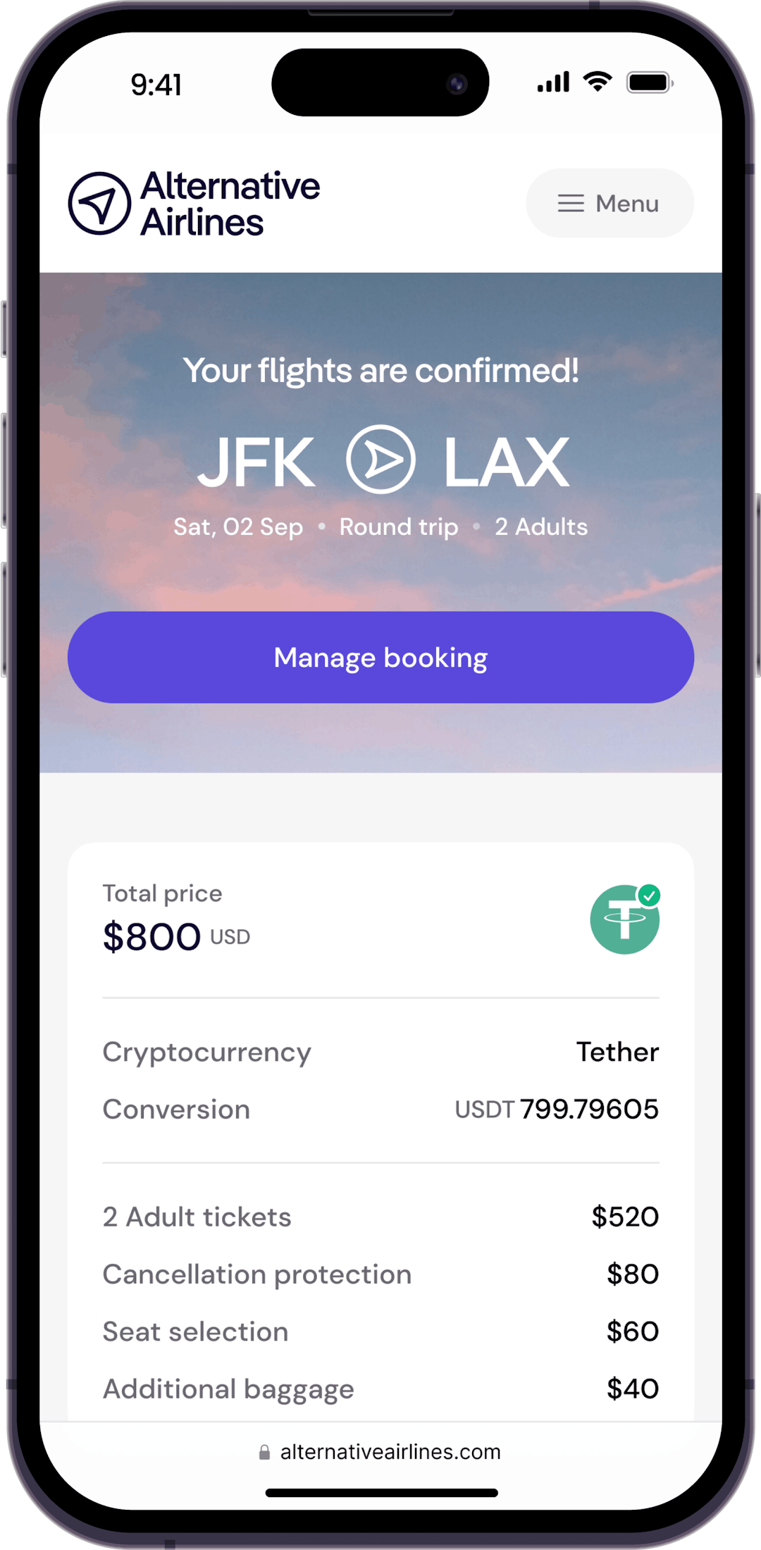 Step 4 - Book flight with Tether