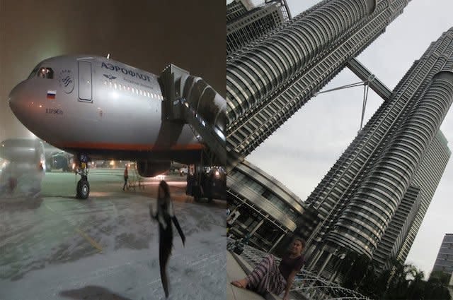 A silver Aeroflot aircraft at a snowy gate. Next to this picture is the silver Petronas twin towers in Malaysia