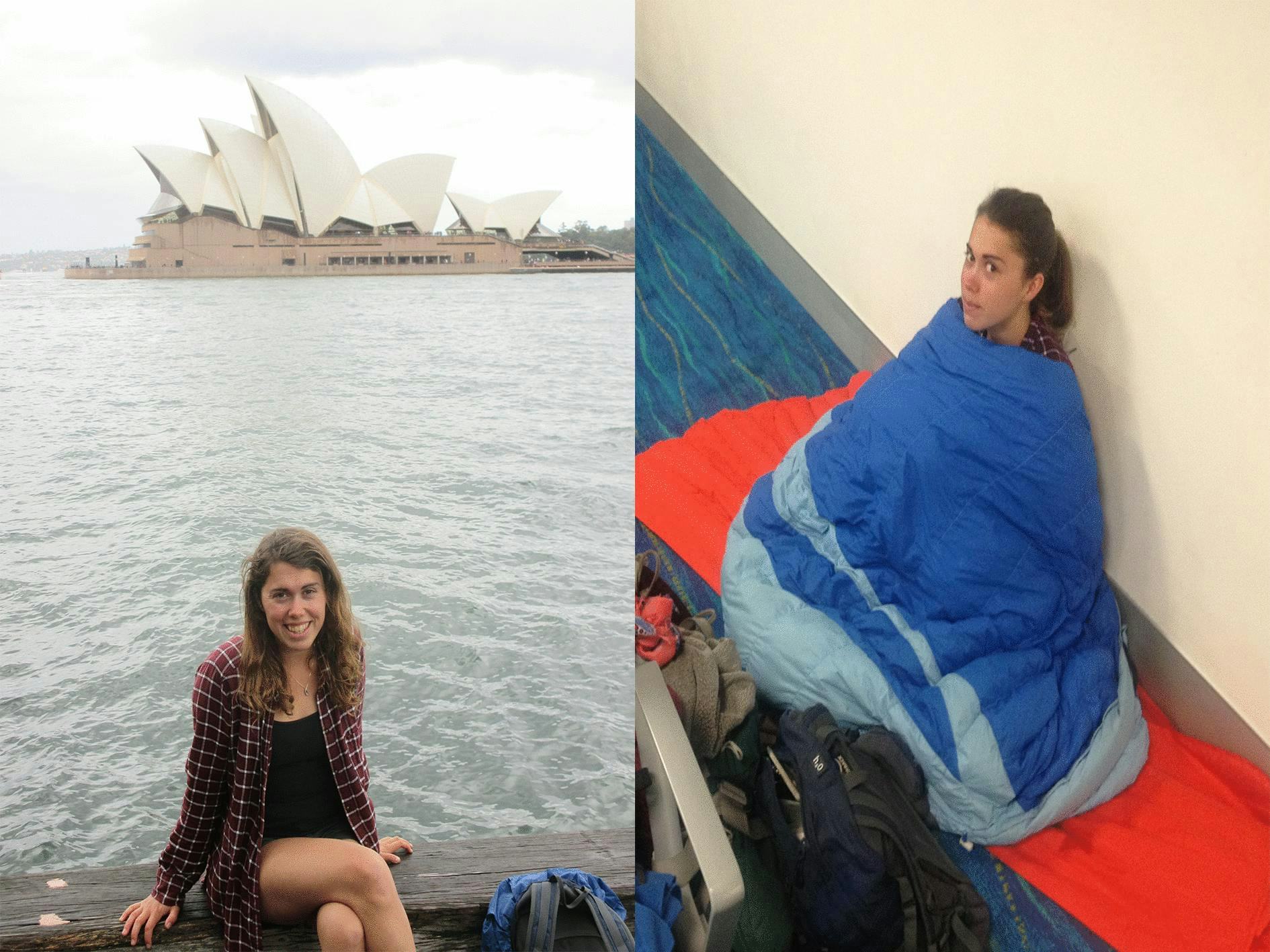 On the left, a woman sits in front of the Sydney opera house and waterfront. On the right, the same woman sits on the floor wrapped up in a blue banket. 