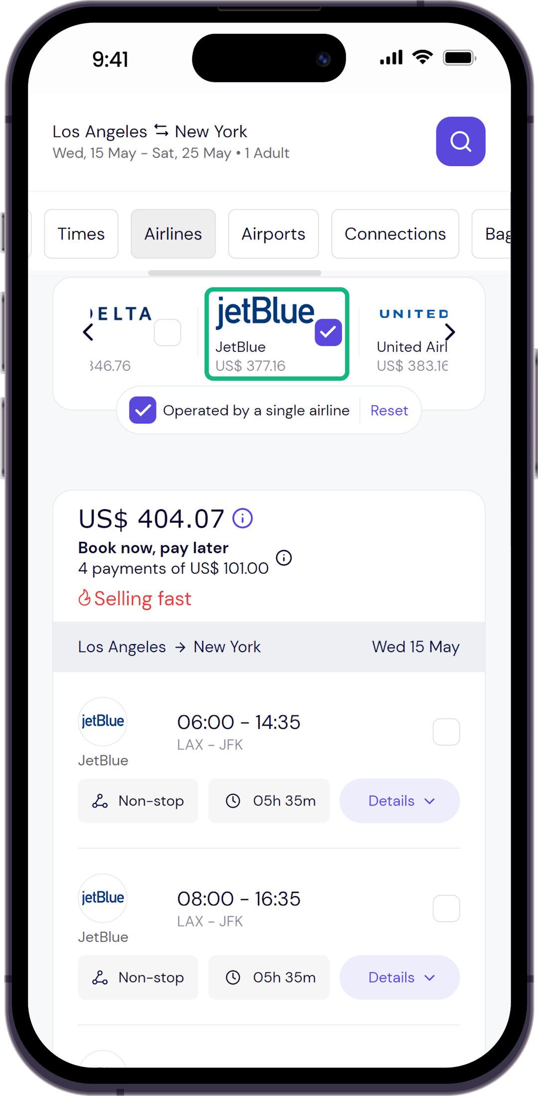 Step 2 - Select JetBlue as preferred airline to fly with