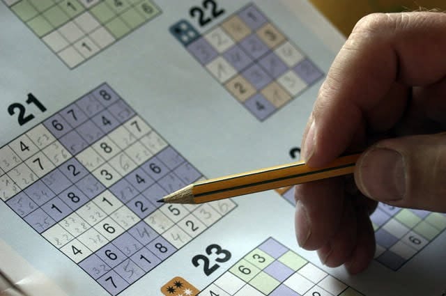 A person completing a Soduko puzzle 