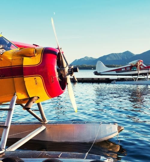 Two seaplanes docked on a lake