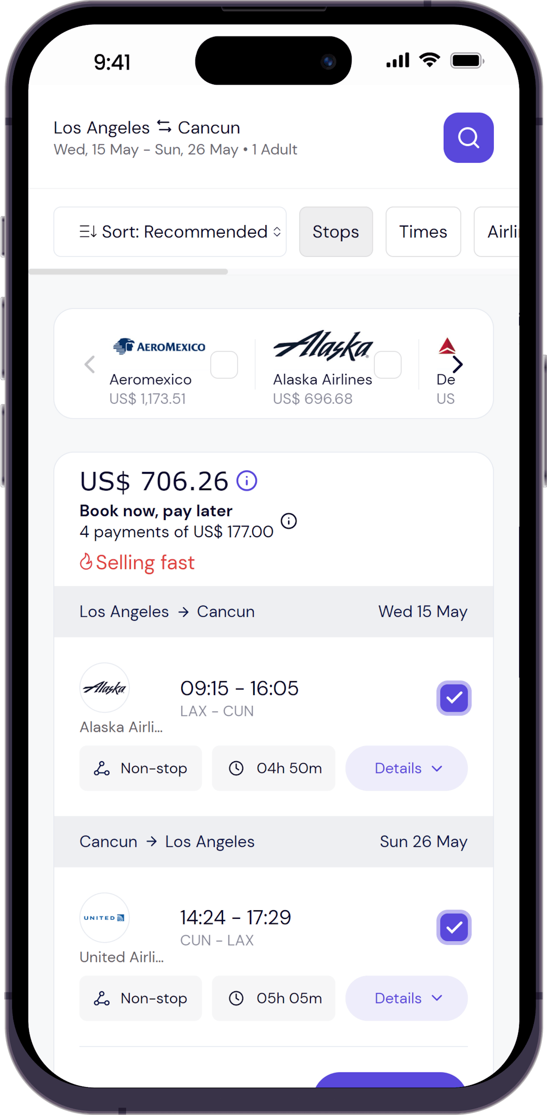 Step 2 - Pick flights with 2 separate airlines