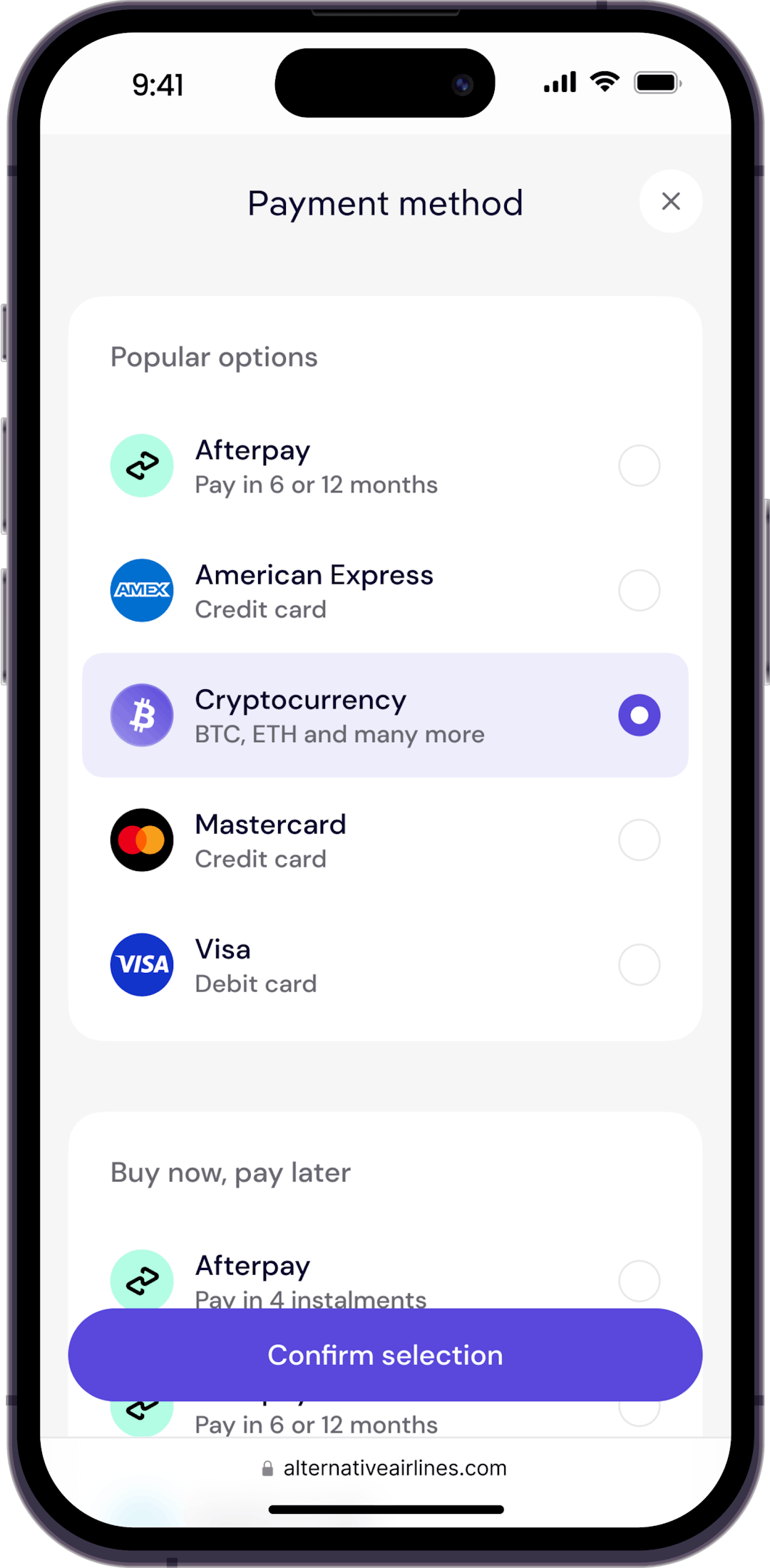 Step 2 - Select cryptocurrency as payment method