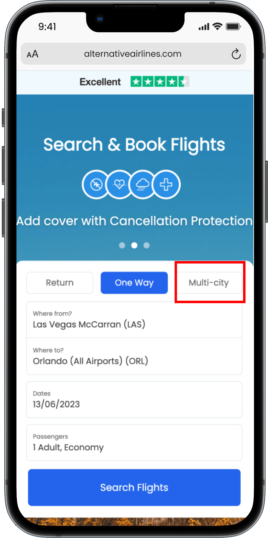 Step 1 - Select multi-city option on the search form