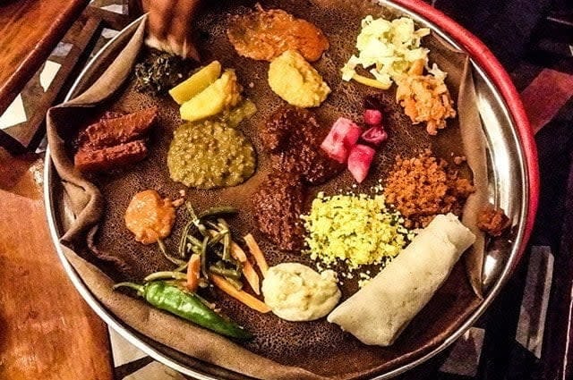 Ethiopian cuisine. A shot looking down at a large sharing platter