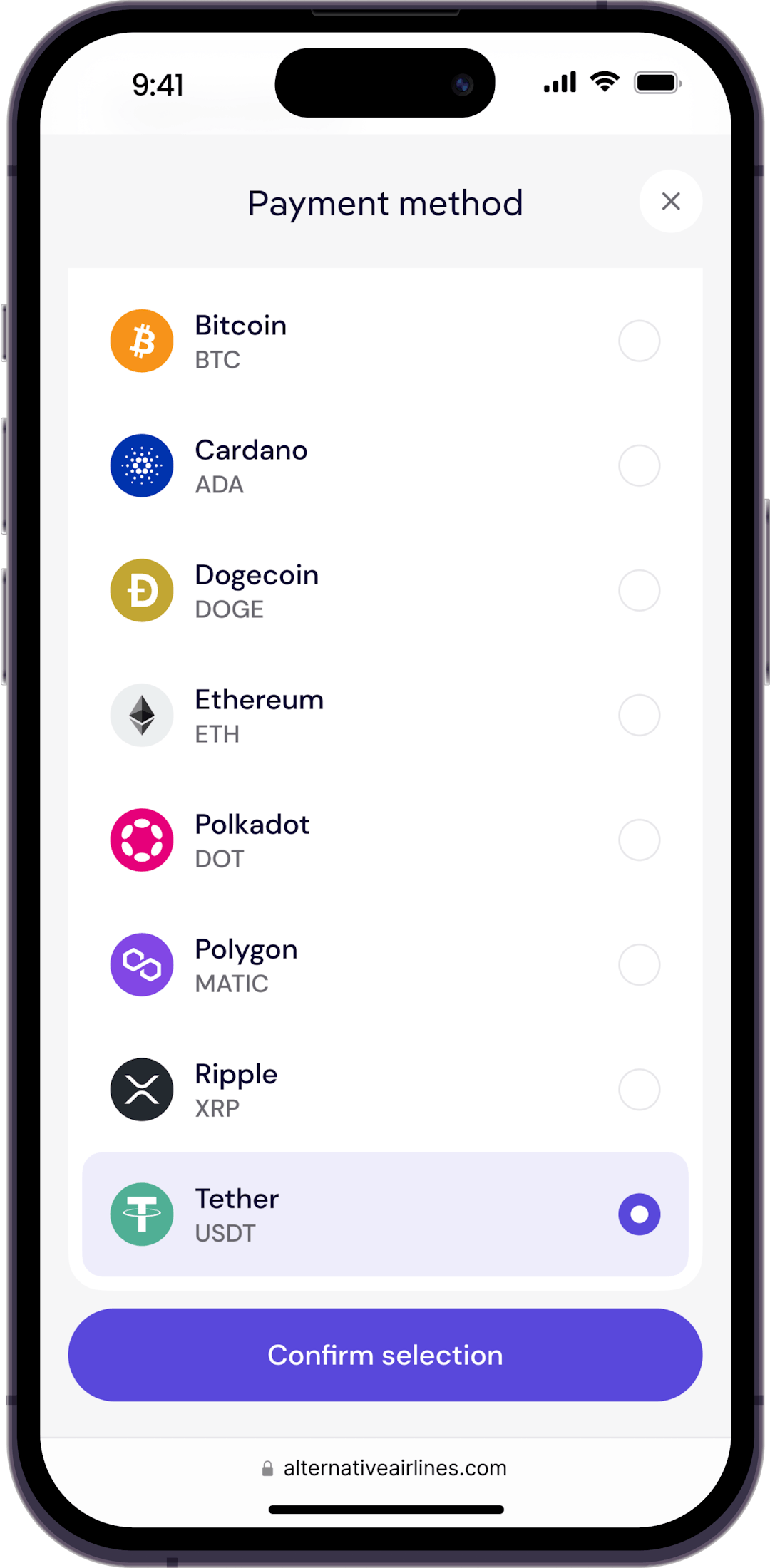 Search for and select cryptocurrency
