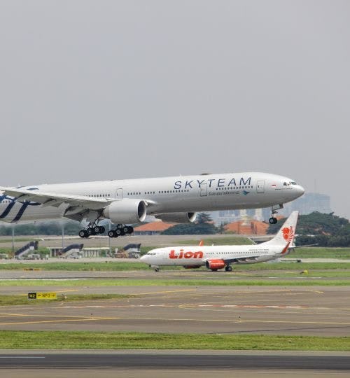 Plane landing with the Skyteam alliance livery
