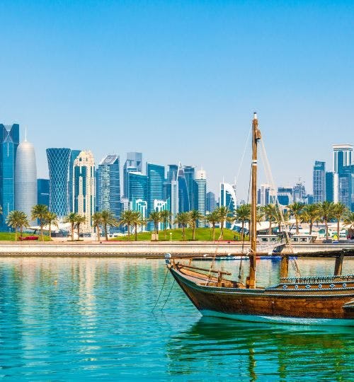 View of Doha skyline from a marina