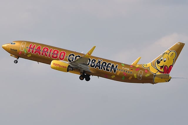 TUIfly in a golden Haribo livery. Photo credit Humphrey Manusiwa