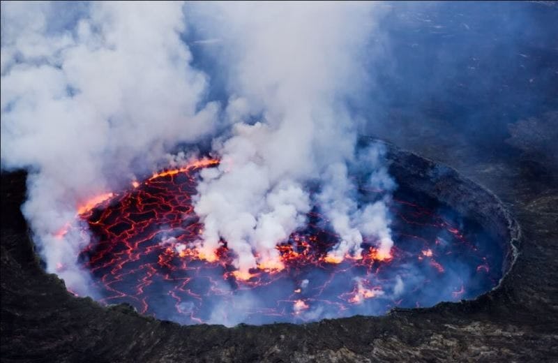 Mount Nyiragongo letting off steam at its peak in the Democratic Republic of Congo