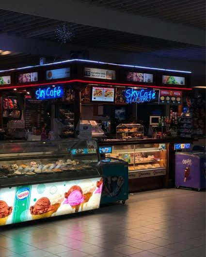 An airport cafe in Sofia airport selling a range of drinks, snacks and ice cream 