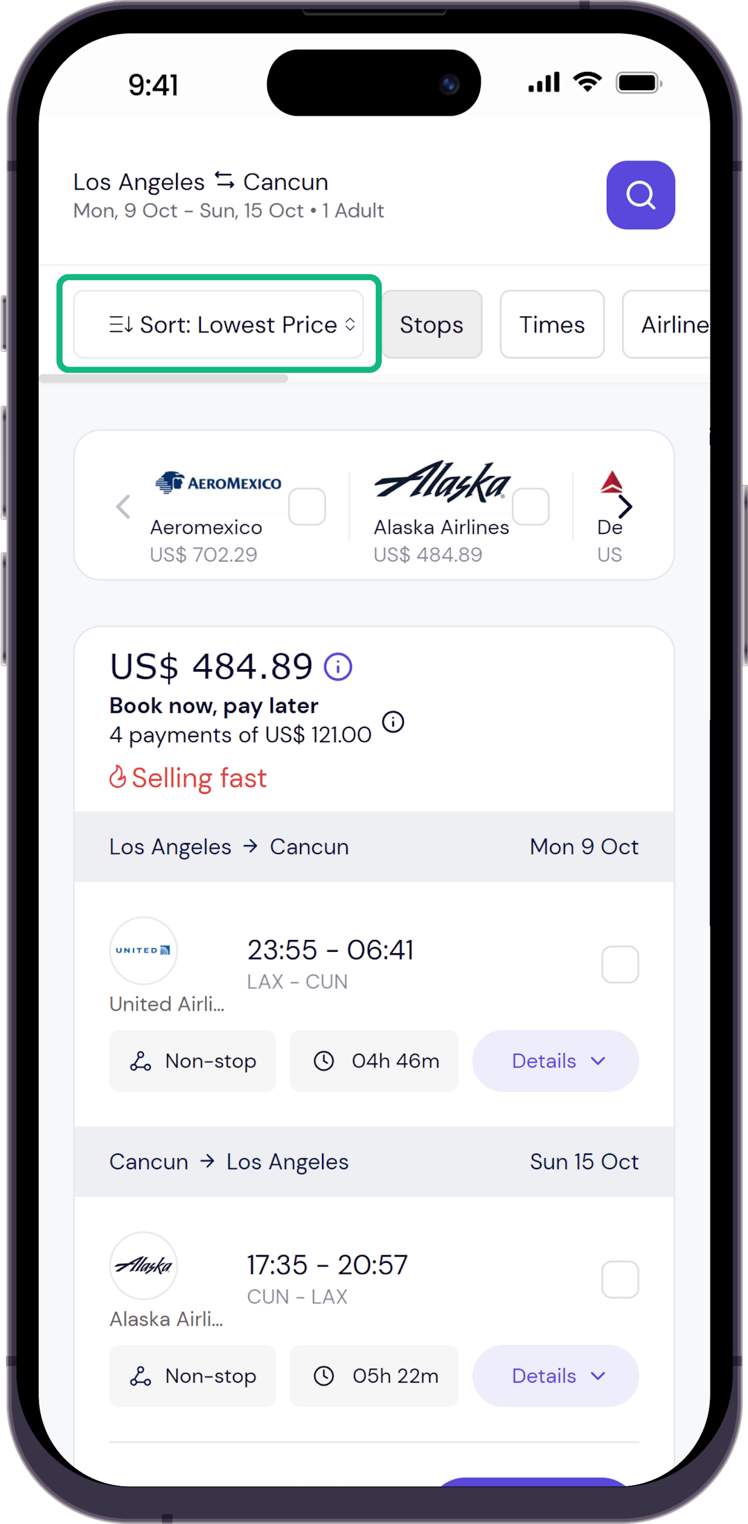 Sort flights by lowest/cheapest price