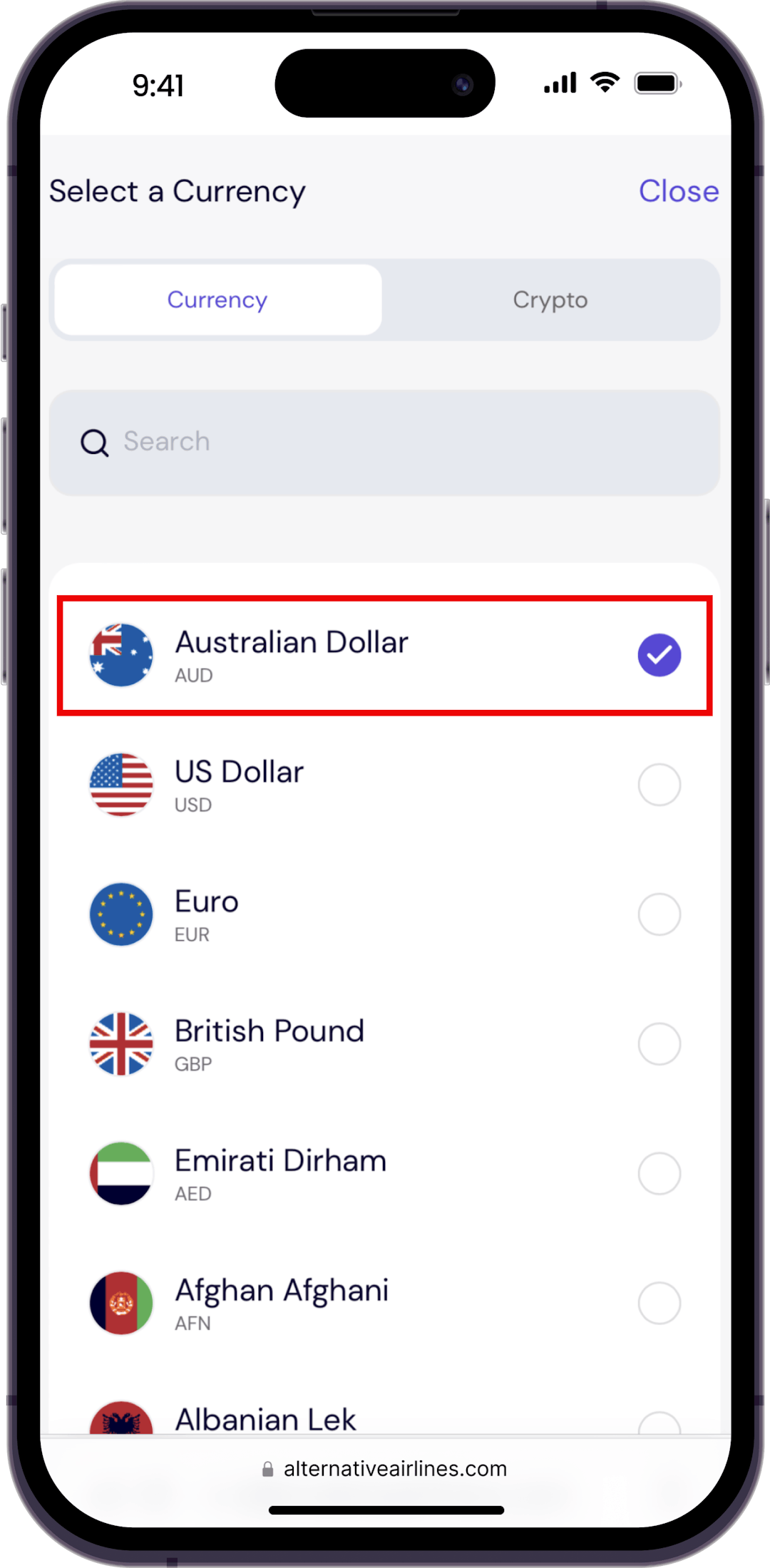 Step 3 - Select Australian Dollars