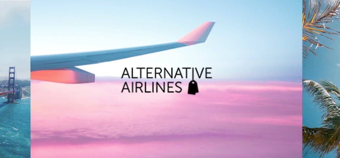 Picture of airplane wing at sunset and Alternative Airlines logo