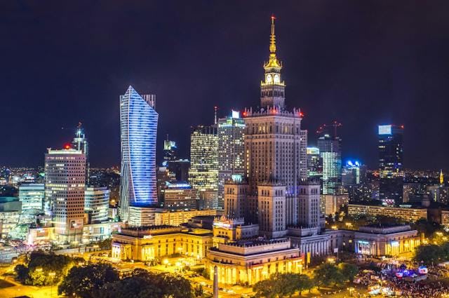 Night view of Warsaw, Poland