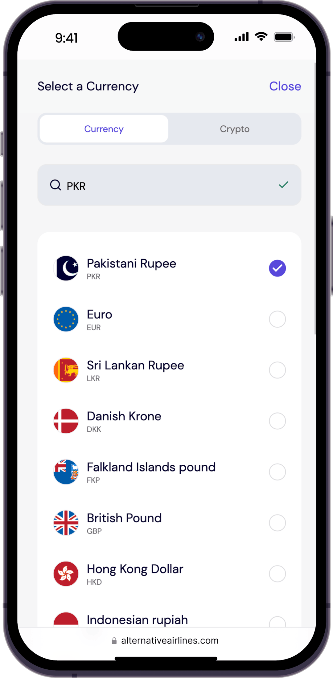 Step 3 - type 'PKR' to search for flights in Pakistani Rupee