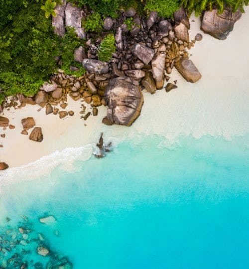 Aerial view of a tropical beach in Seychelles