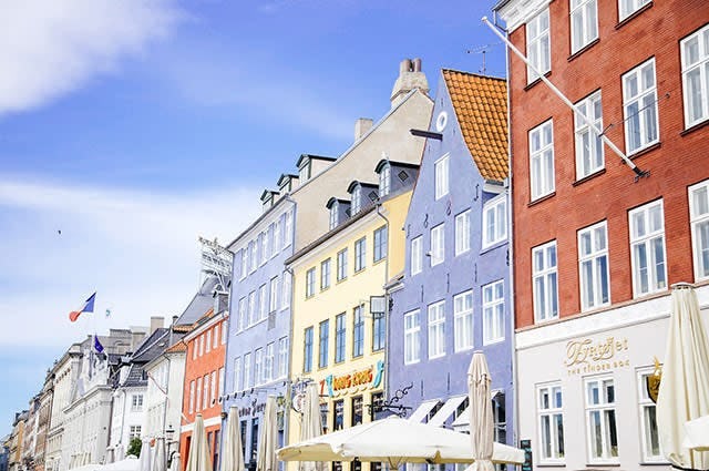 A row of colourful shops and houses in Copenhagen 
