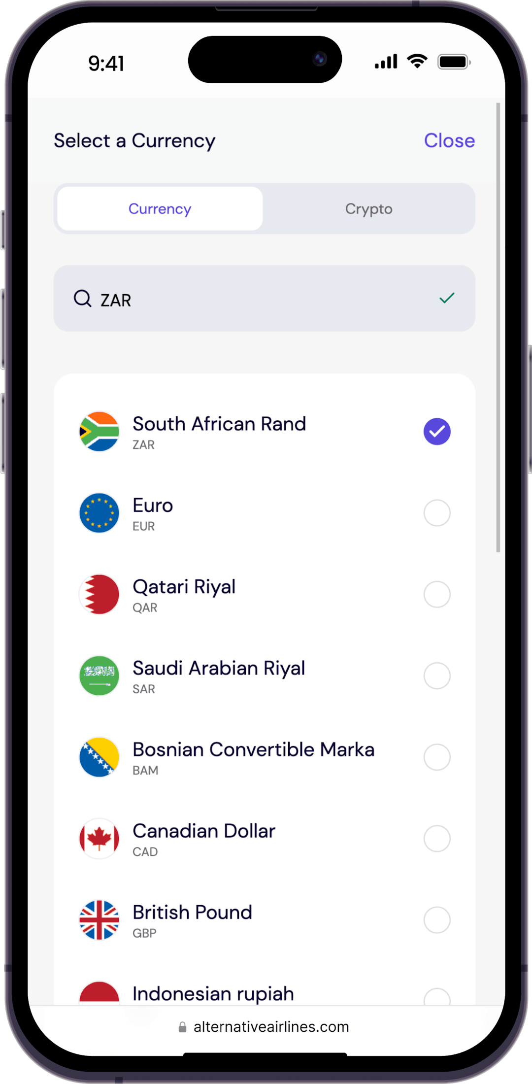 Step 2 - Select 'ZAR' as your preferred payment option