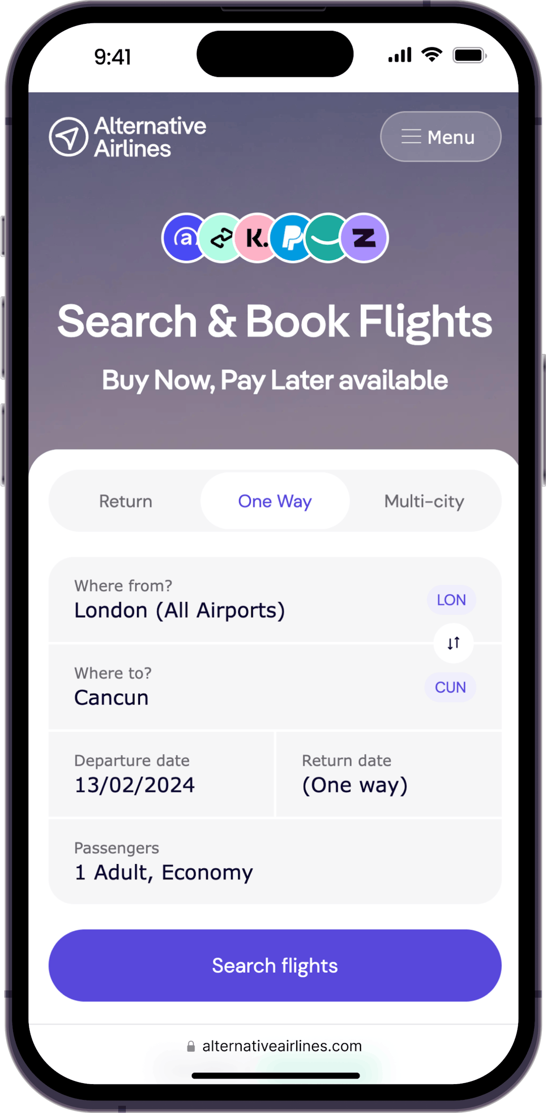 Step 1 - Search for flights from London to Cancun