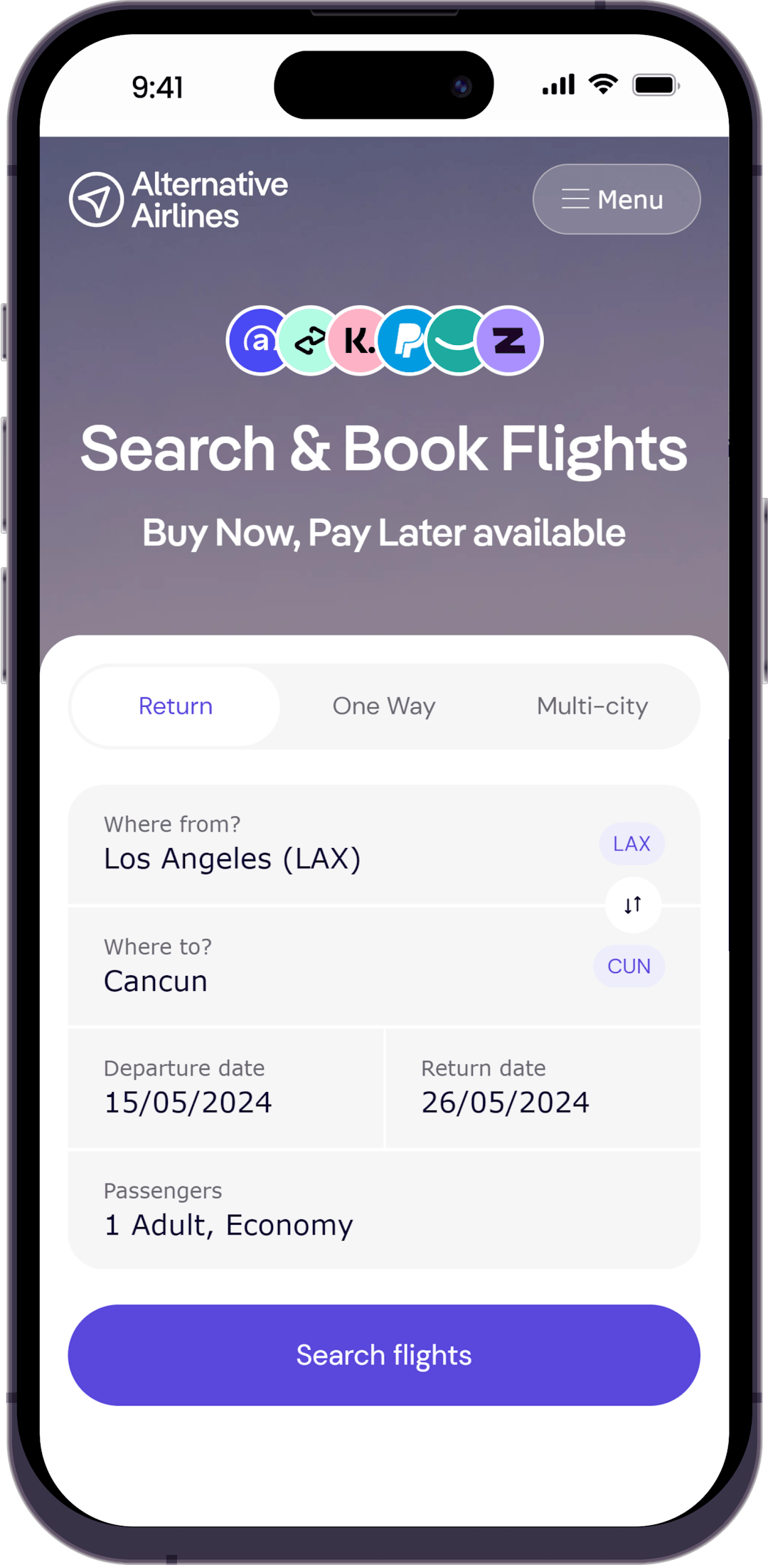 Step 1 - Select return and search for flights