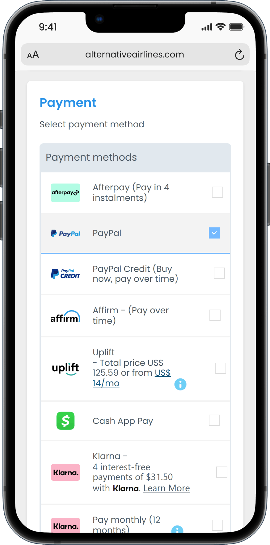 Screenshot showing how to select PayPal as payment method on iphone