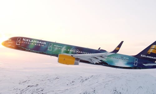 Icelandair aircraft in Northern Lights livery inflight. Photo credit Icelandair
